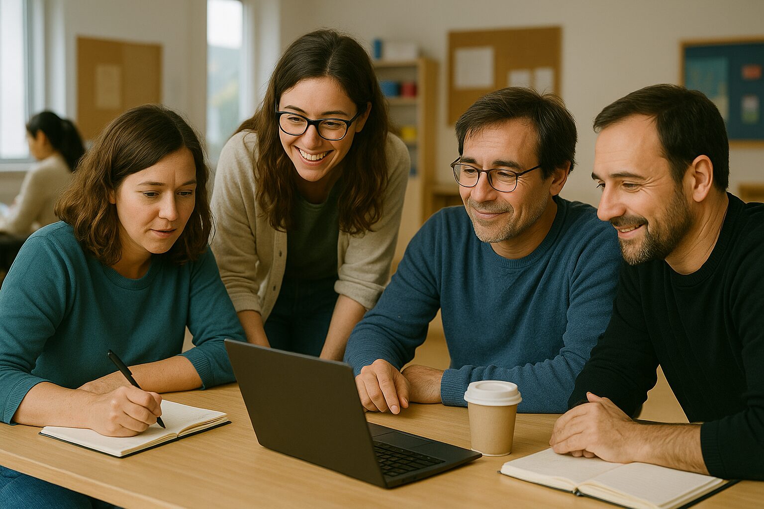 Quatre docents treballant junts en una aula amb ordinadors i llum natural