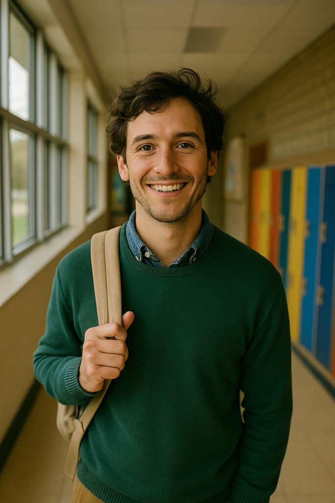 Professor revisant llibres i ordinador en una aula amb llum natural
